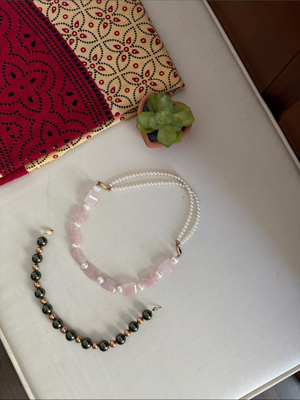 Unique Rose Quartz & Pearl Choker Necklace w/ Additional Green and Yellow Pearls